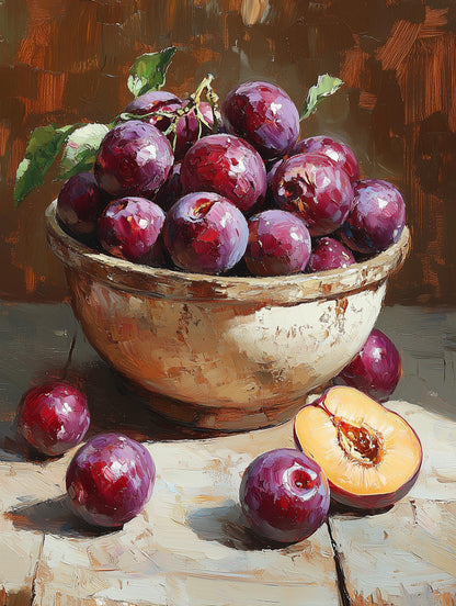 Painterly plum canvas print with fruit set on a weathered kitchen table