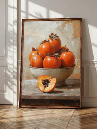 Persimmon Still Life wall art: ripe orange persimmons piled in a small rustic ceramic bowl on a, framed canvas print