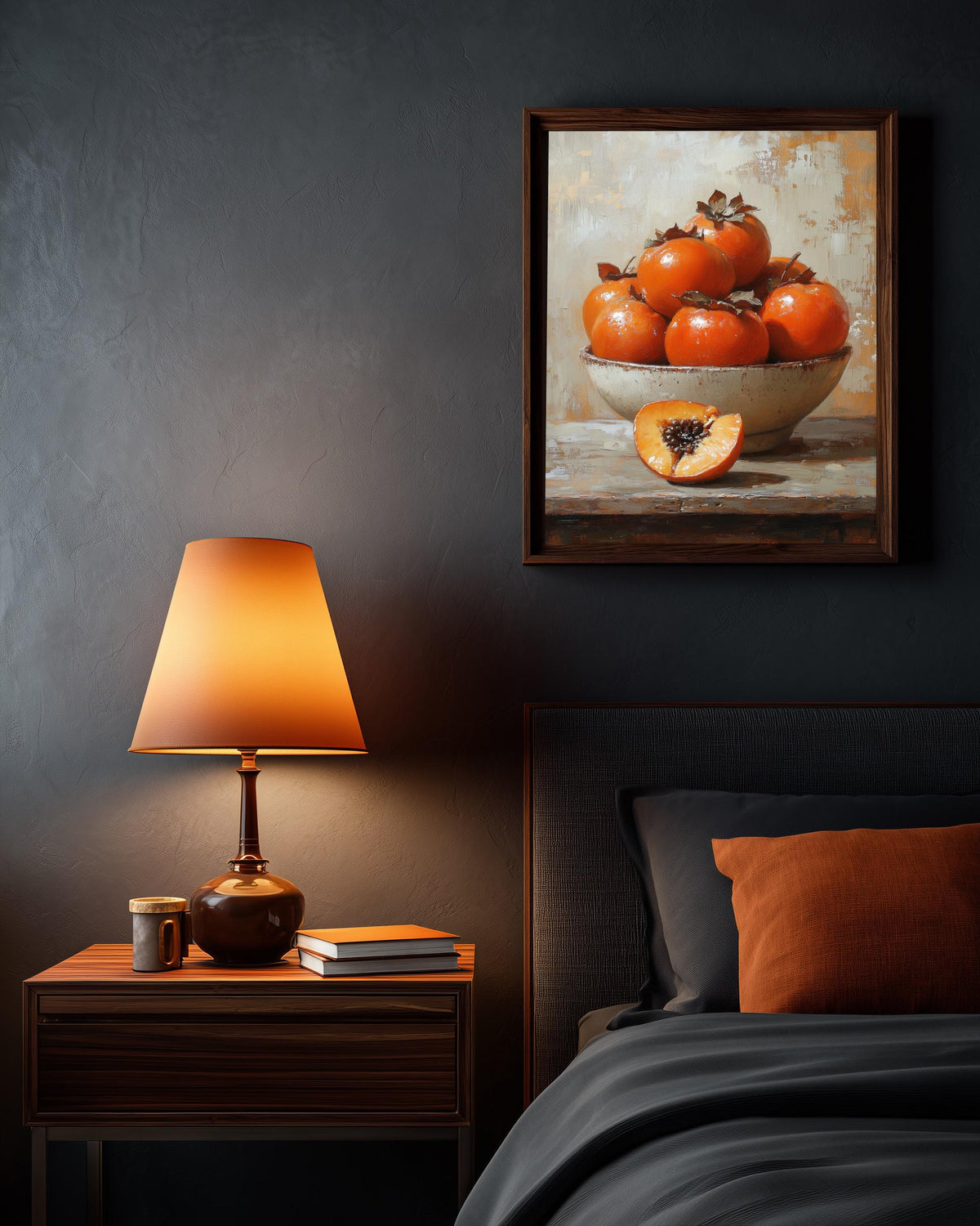 Persimmon Still Life framed canvas art in a solid wood frame, ready to hang