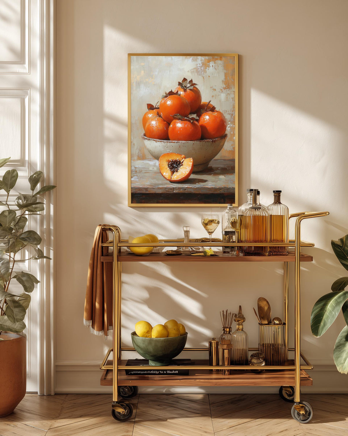 Oil-painting style Persimmon Still Life printed on cotton canvas, made to order