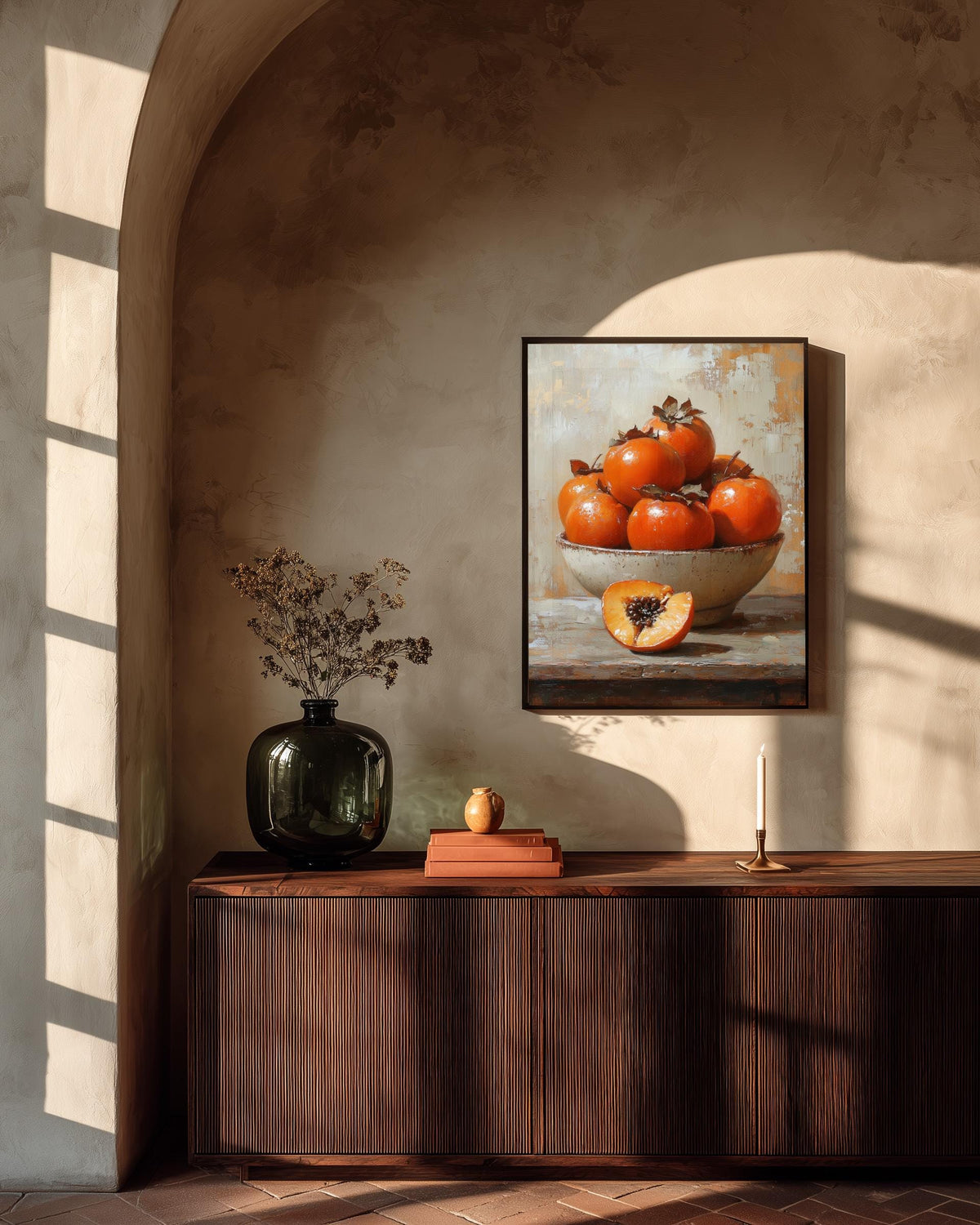 Persimmon Still Life Wall Art — museum-grade cotton canvas in a solid wood frame