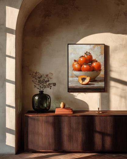Persimmon Still Life Wall Art — museum-grade cotton canvas in a solid wood frame