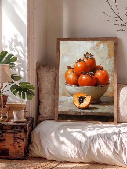 Persimmon Still Life Wall Art — painterly canvas art, hand-framed in solid wood