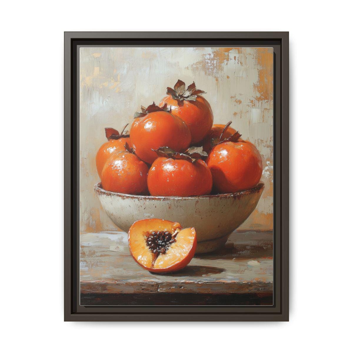 Persimmon Still Life Wall Art — painterly canvas art, hand-framed in solid wood