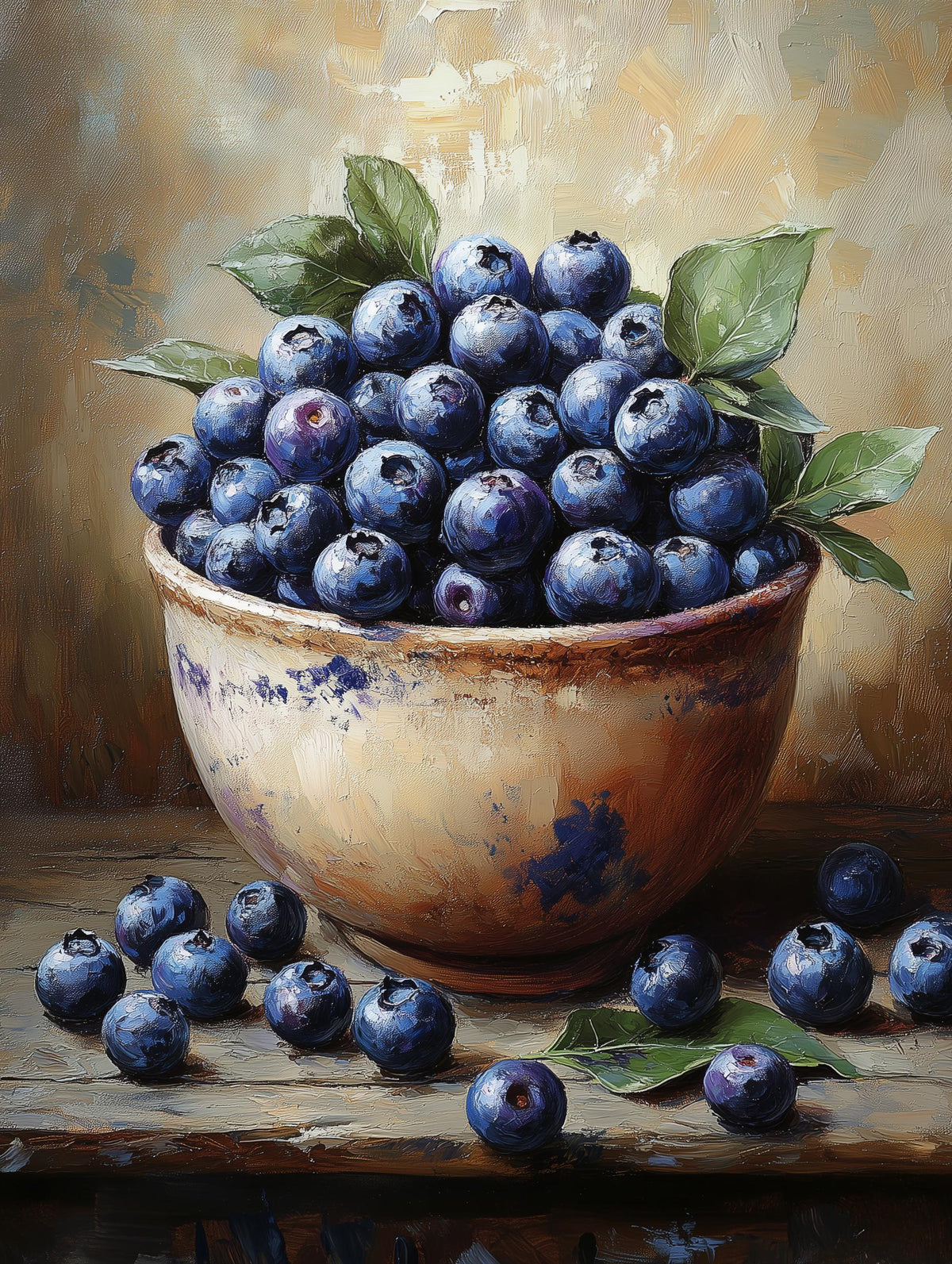 Painterly Blueberry Still Life canvas print, piled high in a small rustic ceramic bowl