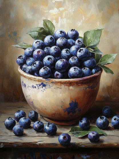 Painterly Blueberry Still Life canvas print, piled high in a small rustic ceramic bowl