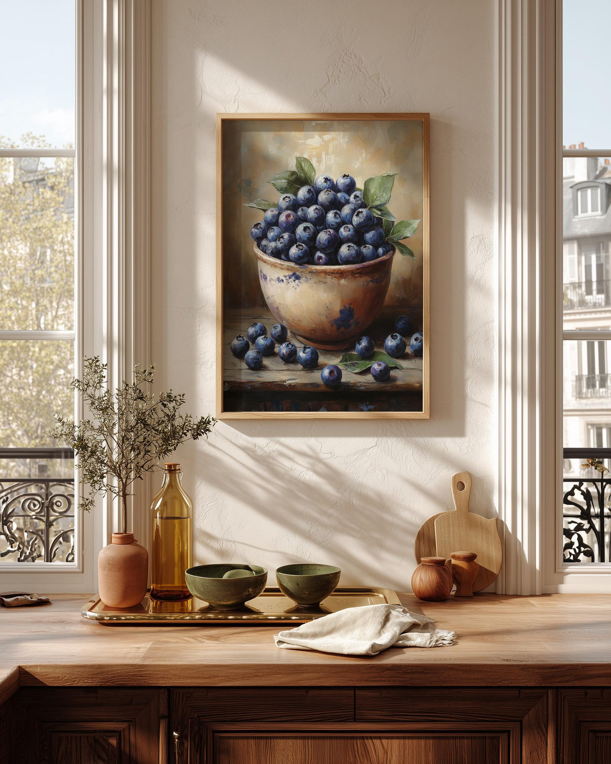 Blueberry Still Life framed canvas art in a solid wood frame, ready to hang