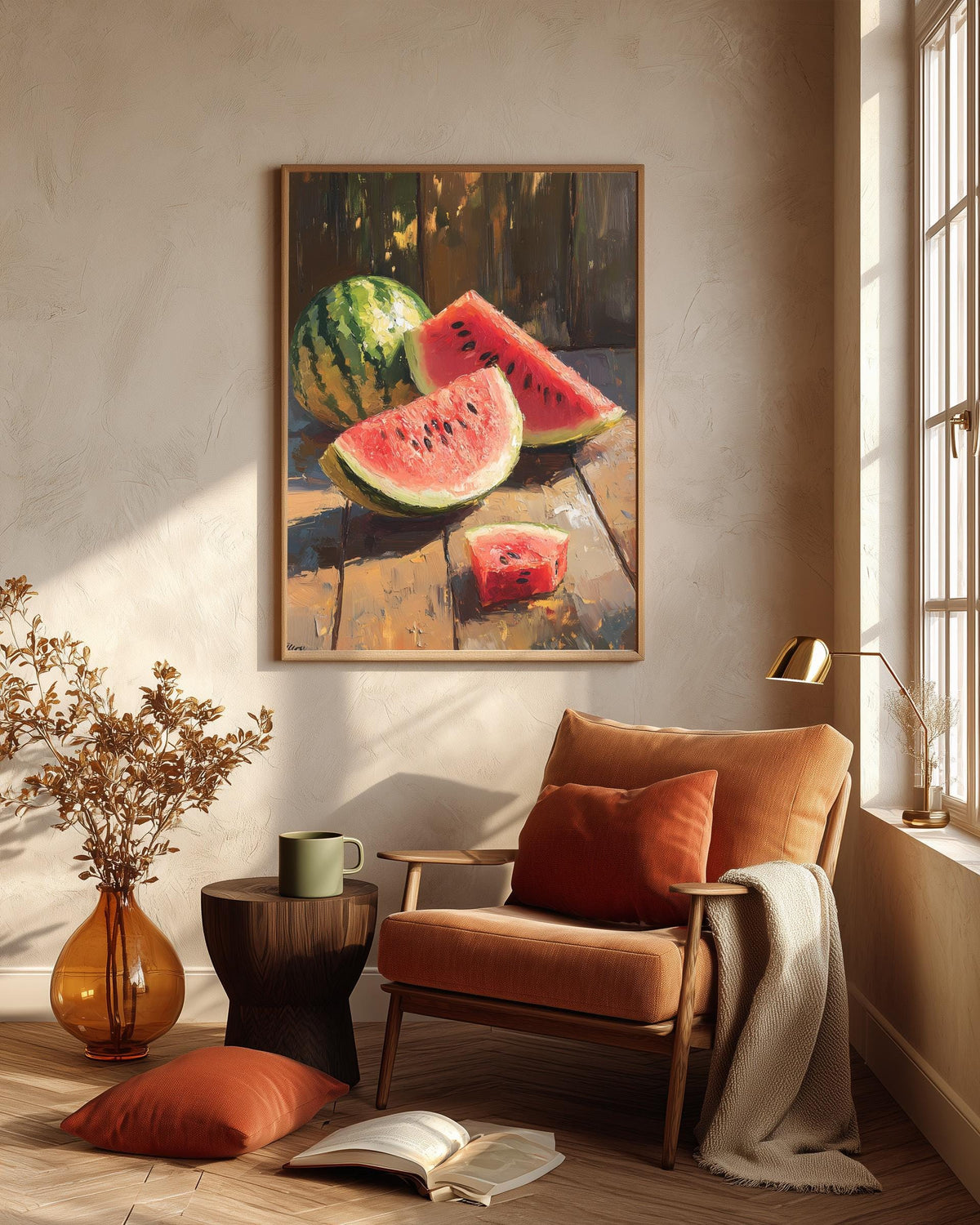 Watermelon Still Life Wall Art — painterly canvas art, hand-framed in solid wood