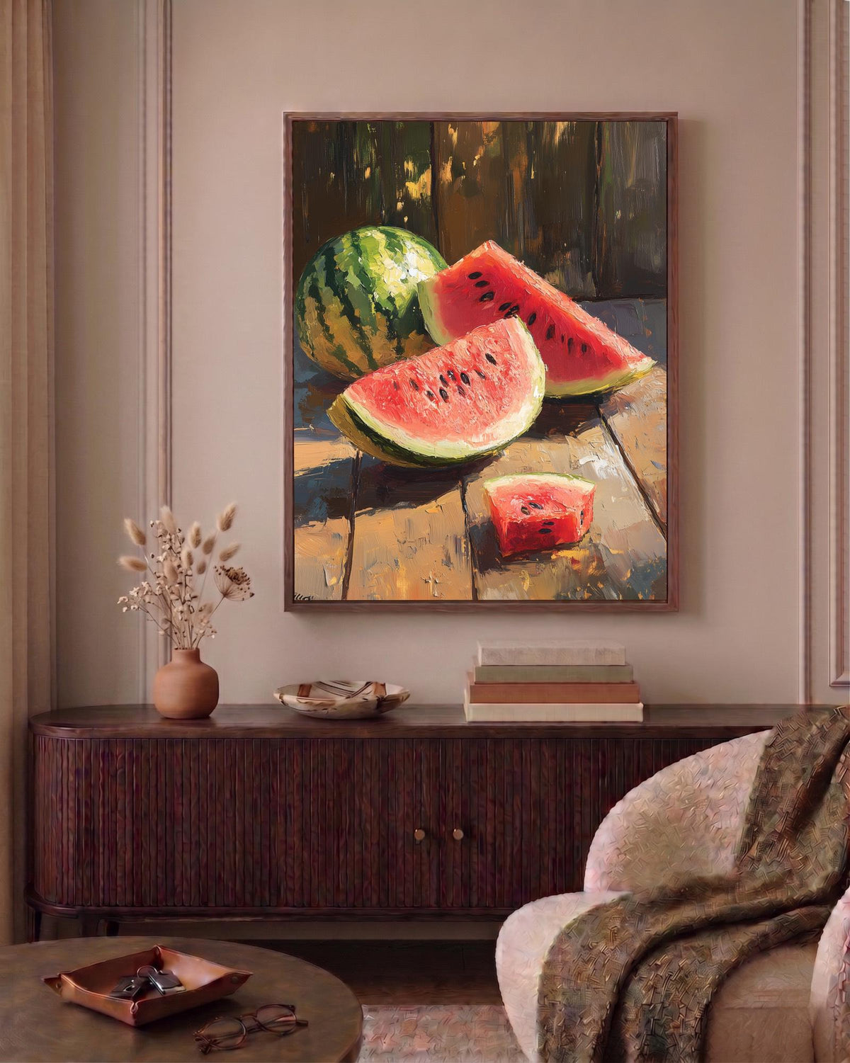 Watermelon Still Life Wall Art — museum-grade cotton canvas in a solid wood frame