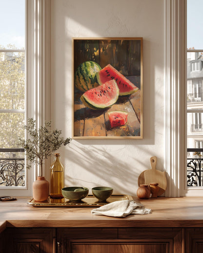 Watermelon Still Life framed canvas art in a solid wood frame, ready to hang