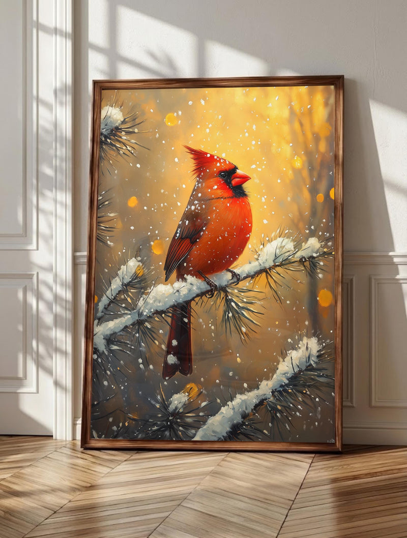 Cardinal wall art: a vivid red cardinal perched on a snow-dusted pine branch, framed canvas print