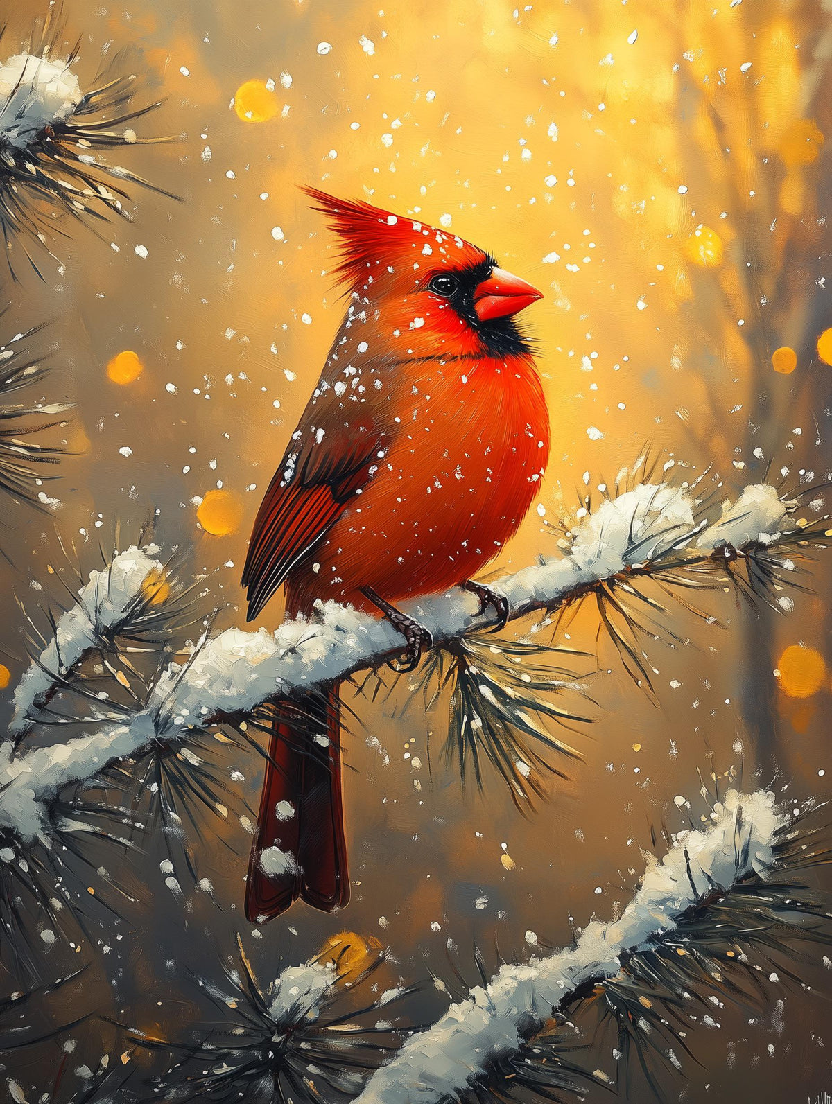 Painterly Cardinal canvas print, soft snowfall drifting through warm golden winter light