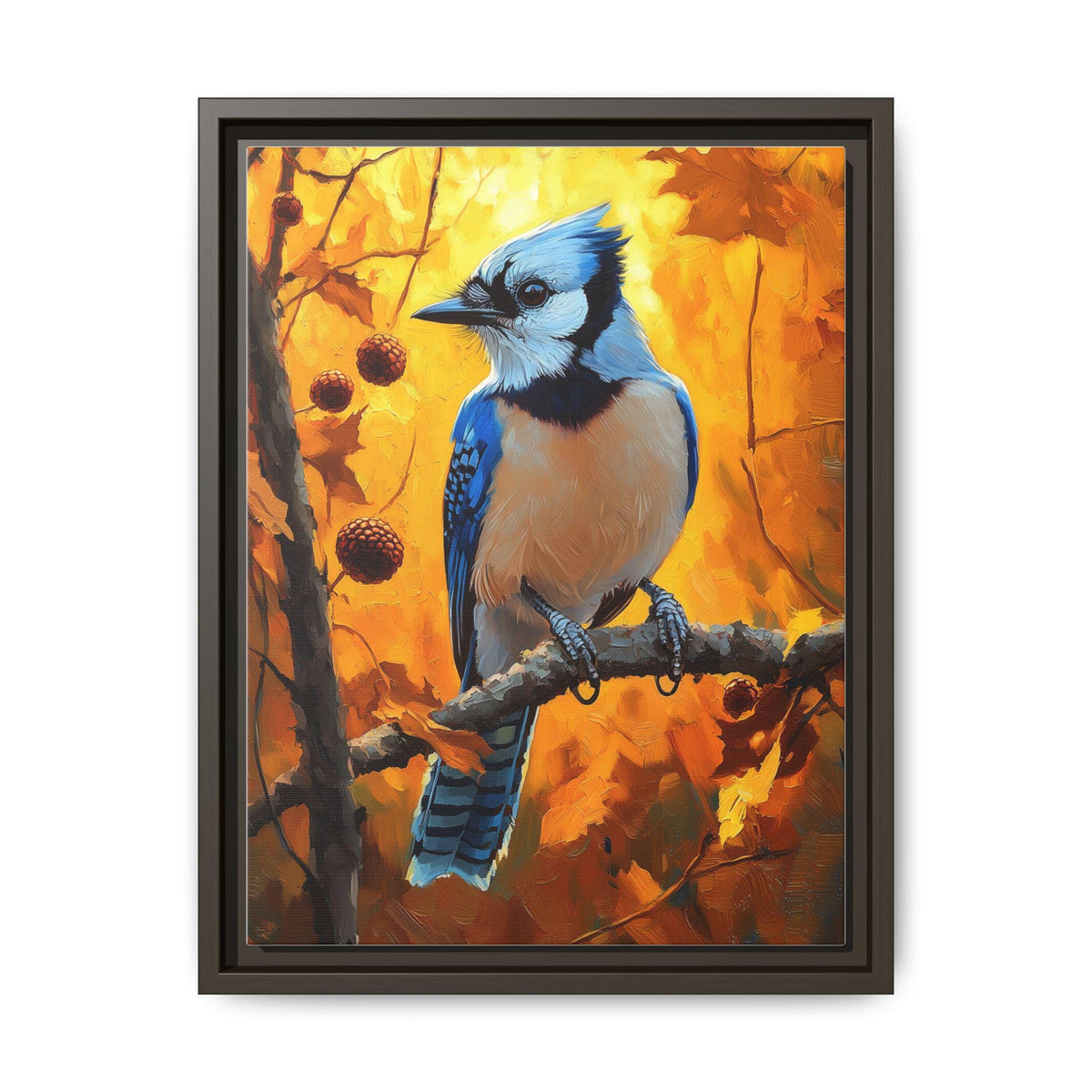 Blue Jay Wall Art — painterly canvas art, hand-framed in solid wood