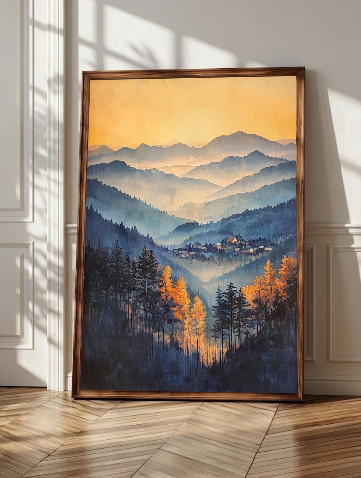 Asheville wall art: rolling misty ridges layered in blue, purple, and gold, framed canvas print