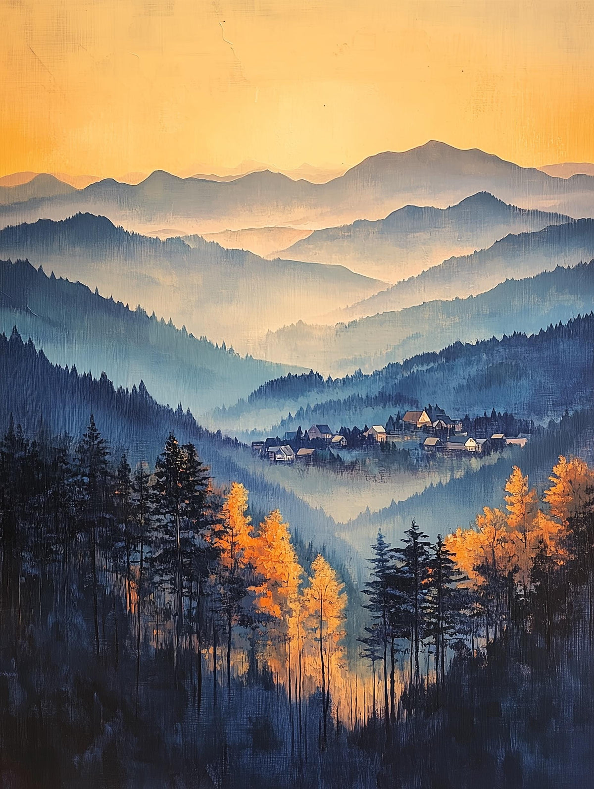 Painterly Asheville canvas print, the Asheville skyline nestled softly in the valley below