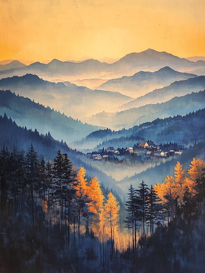 Painterly Asheville canvas print, the Asheville skyline nestled softly in the valley below