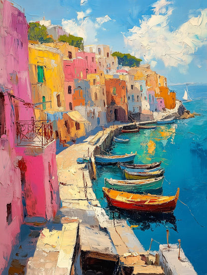 Painterly Procida canvas print, lemon yellow tumbling down to a small turquoise harbor