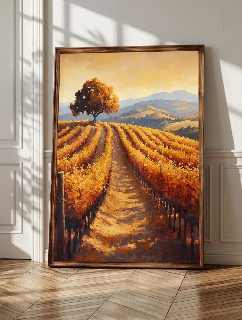 Napa Valley wall art: vineyard rows turning gold and amber, framed canvas print