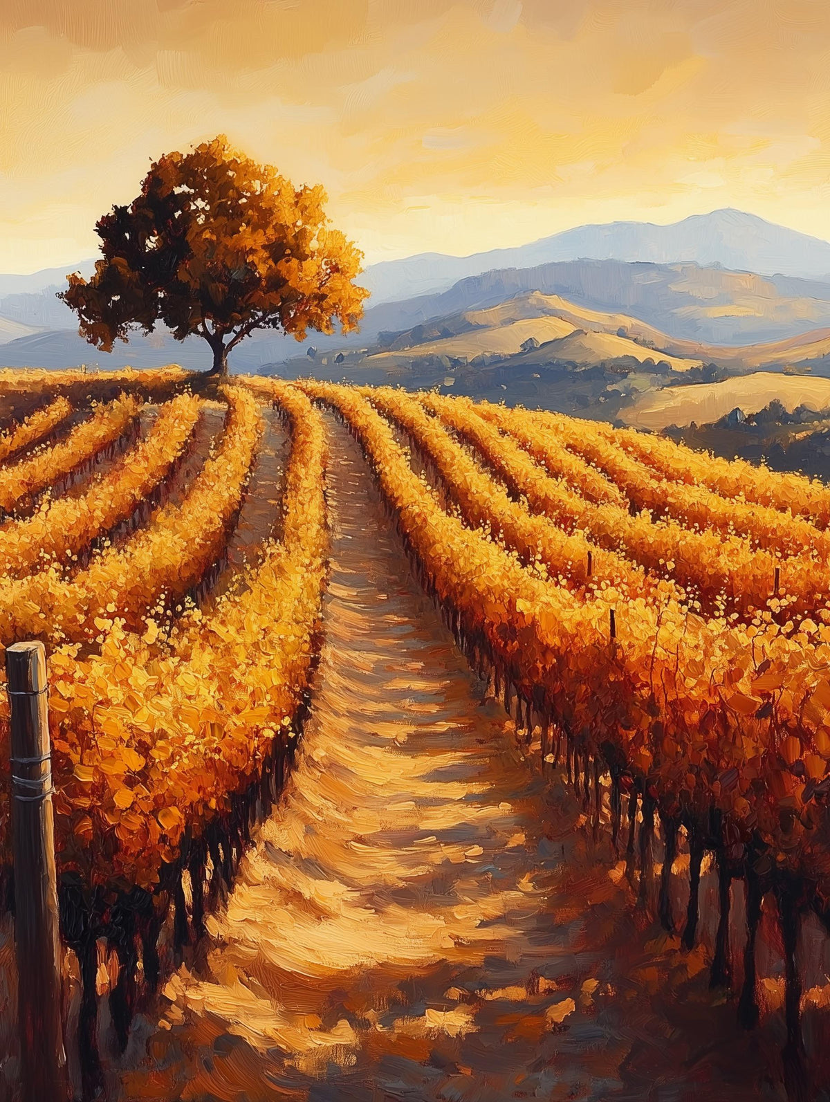 Painterly Napa Valley canvas print, a lone oak tree on the hillside