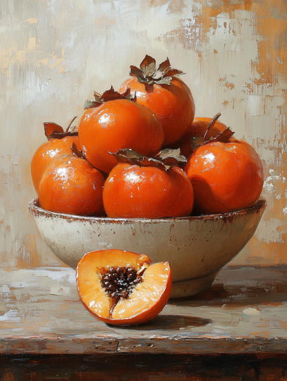 Painterly Persimmon Still Life canvas print, a halved persimmon showing its glossy amber flesh resting nearby