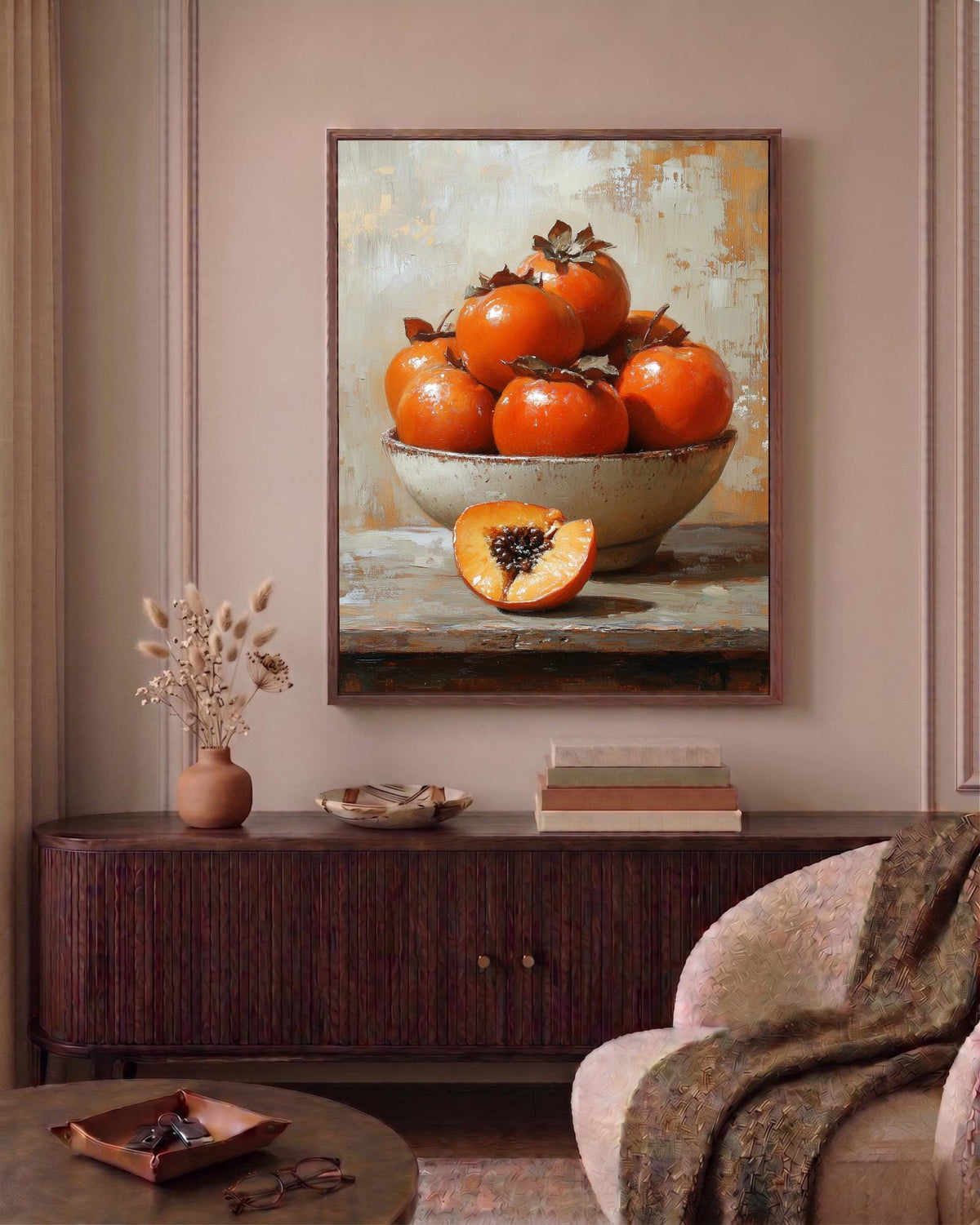 Persimmon Still Life Wall Art — museum-grade cotton canvas in a solid wood frame