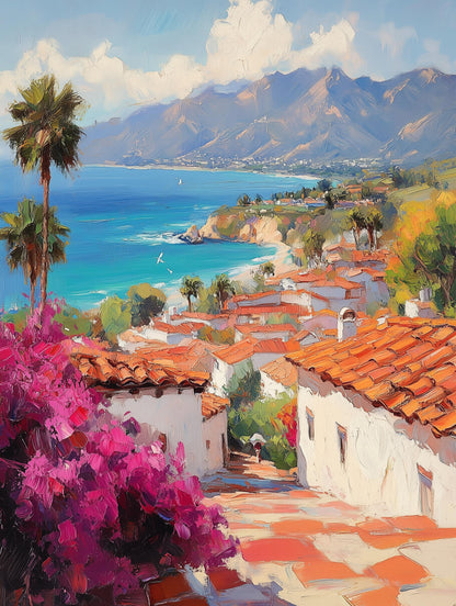 Painterly Santa Barbara canvas print, bougainvillea spilling over a sunlit wall