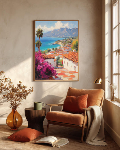 Santa Barbara framed canvas art in a solid wood frame, ready to hang