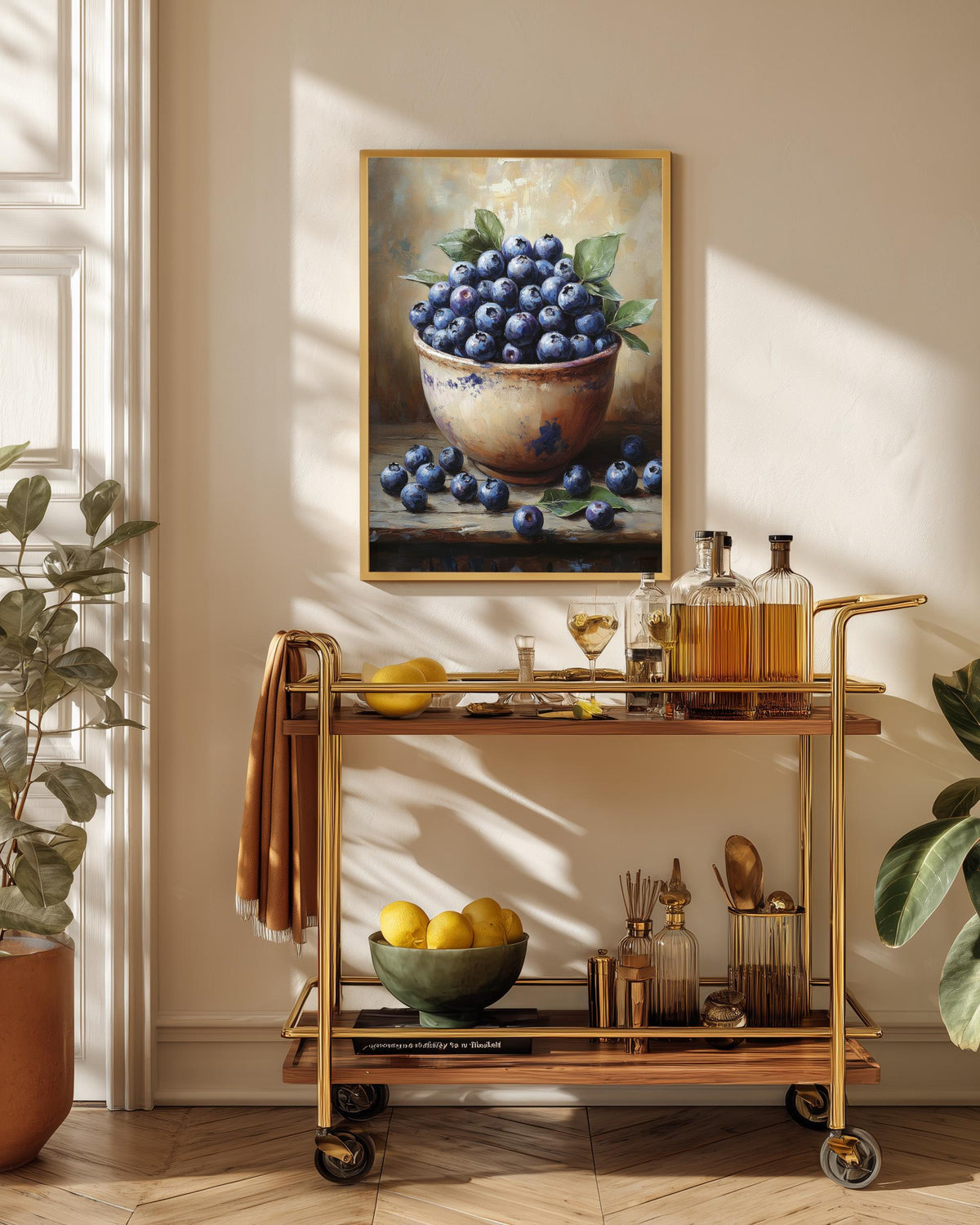 Oil-painting style Blueberry Still Life printed on cotton canvas, made to order