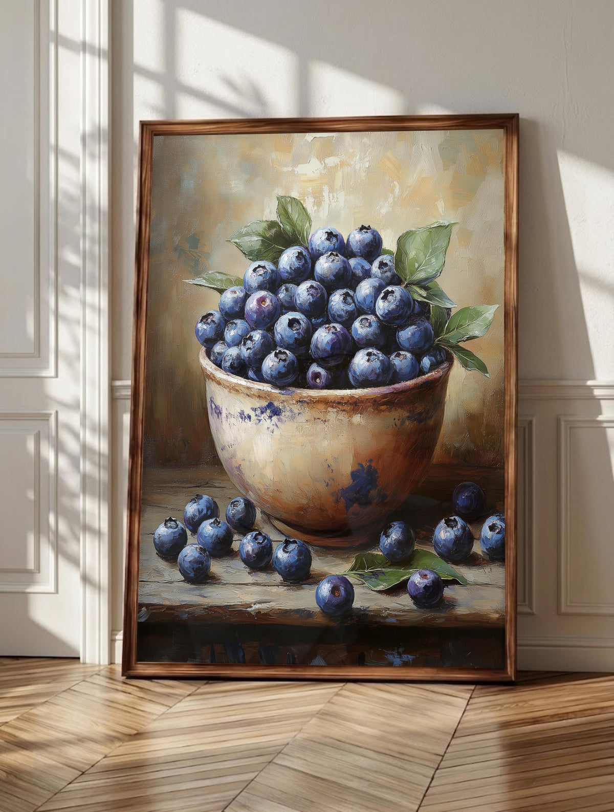 Blueberry Still Life wall art: a handful of fresh blueberries with a dusty pale-blue bloom over deep, framed canvas print