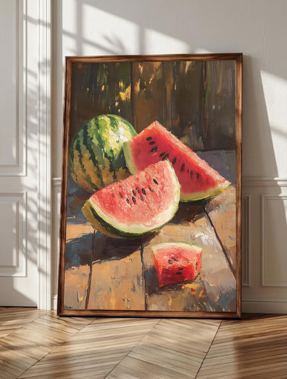 Watermelon Still Life wall art: juicy red watermelon wedges with dark seeds and deep green rind, framed canvas print