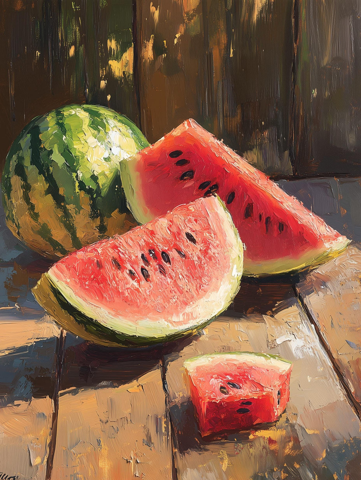 Painterly Watermelon Still Life canvas print, sliced on a weathered wooden table beside a small halved