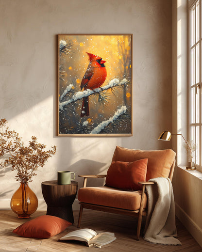 Cardinal framed canvas art in a solid wood frame, ready to hang