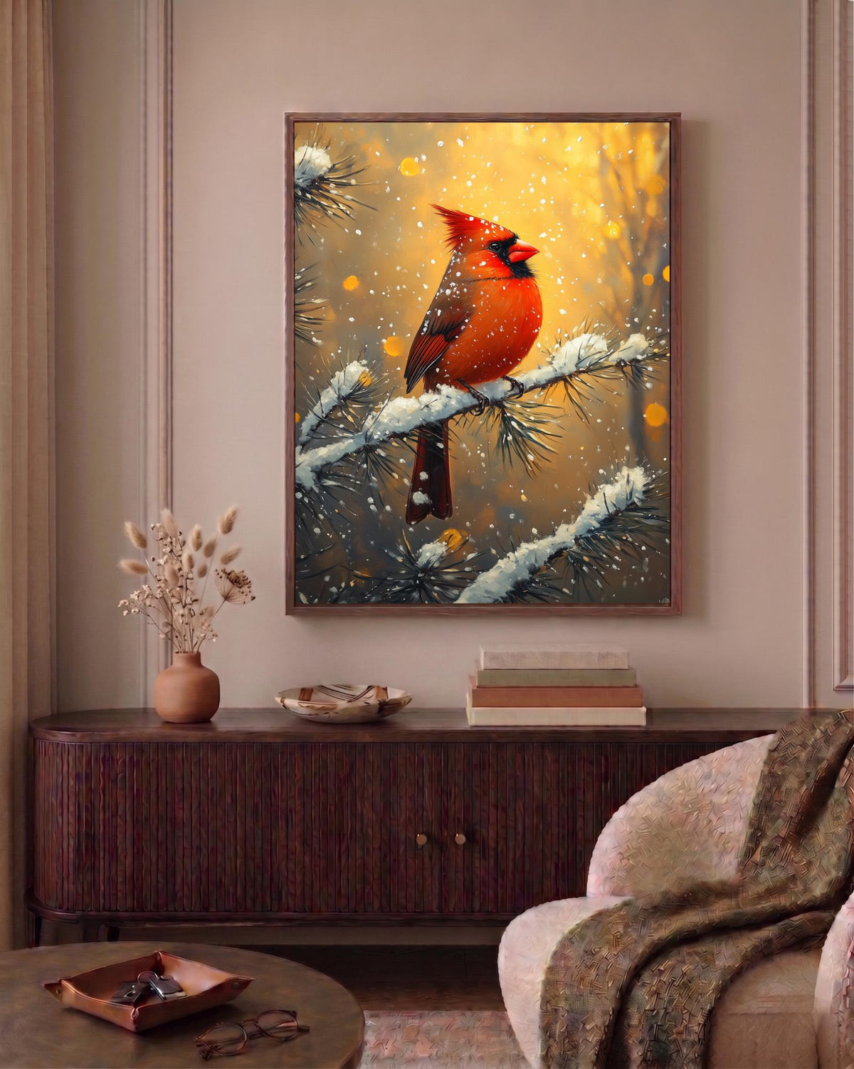 Oil-painting style Cardinal printed on cotton canvas, made to order