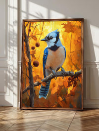 Blue Jay wall art: a vivid blue jay perched on an oak branch, framed canvas print