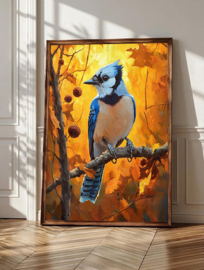 Blue Jay wall art: a vivid blue jay perched on an oak branch, framed canvas print