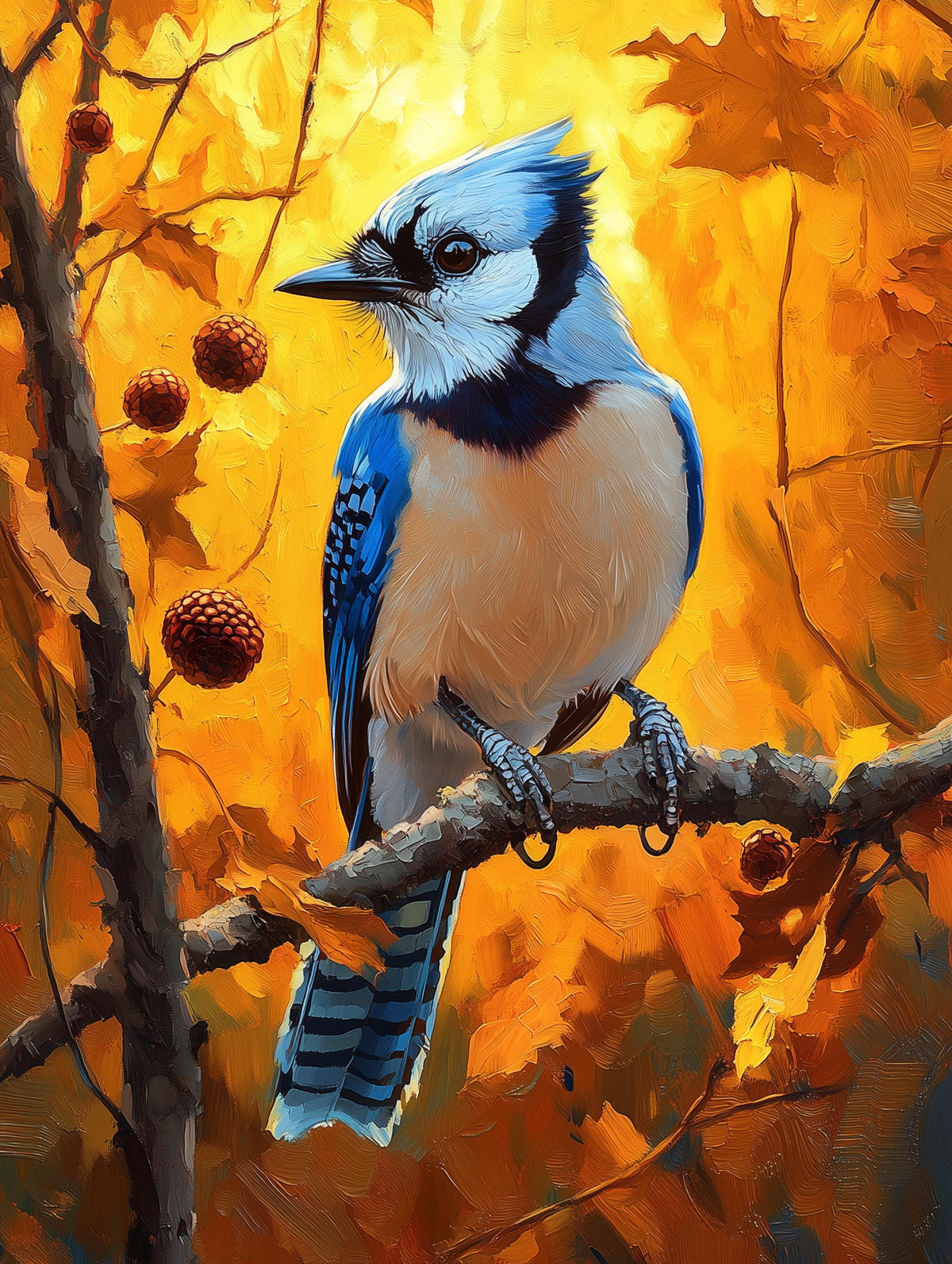 Painterly Blue Jay canvas print, a few acorns and golden fall leaves scattered nearby