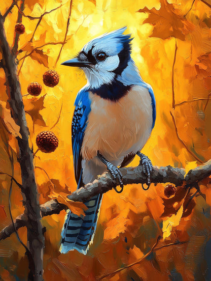 Painterly Blue Jay canvas print, a few acorns and golden fall leaves scattered nearby