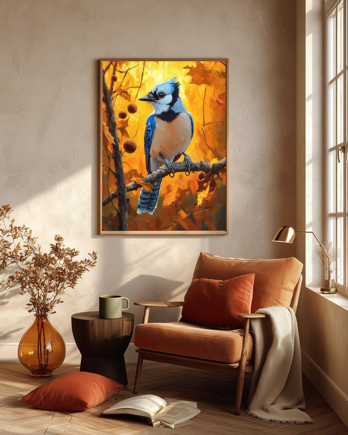 Blue Jay framed canvas art in a solid wood frame, ready to hang