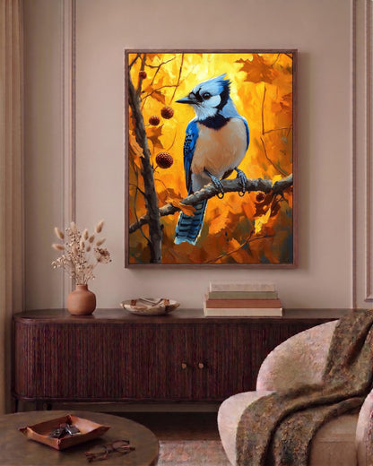 Oil-painting style Blue Jay printed on cotton canvas, made to order