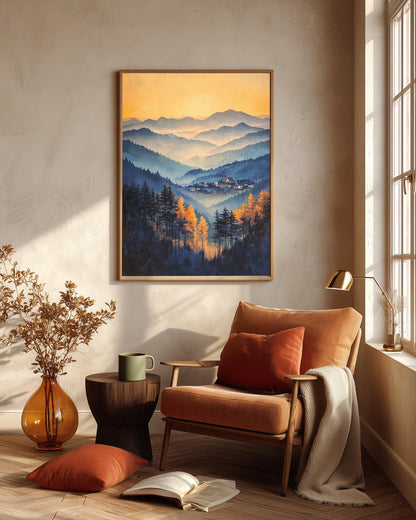 Asheville framed canvas art in a solid wood frame, ready to hang