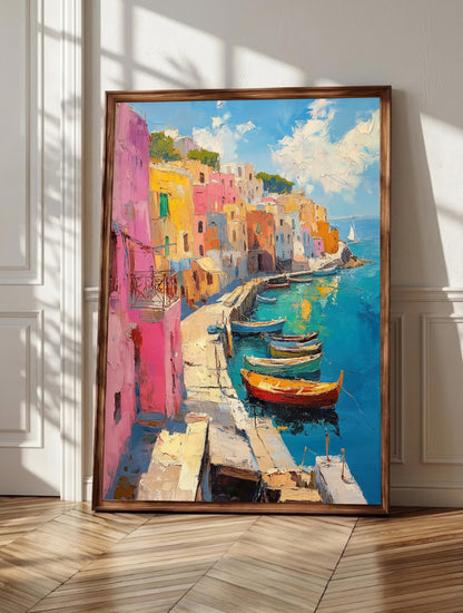 Procida wall art: Marina Corricella, Procida's famous stacked houses in coral pink, framed canvas print