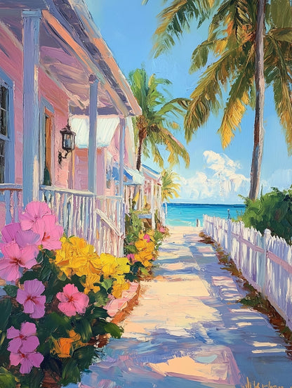 Painterly Key West canvas print, pink hibiscus and yellow frangipani spilling over the railings