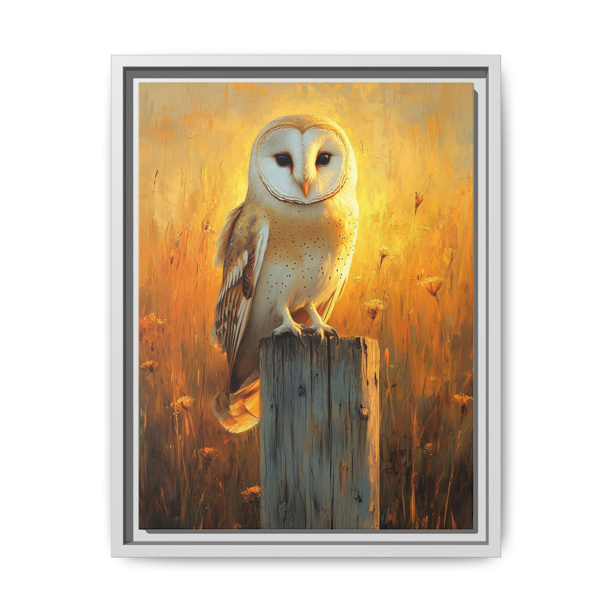 Barn Owl Wall Art — painterly canvas art, hand-framed in solid wood