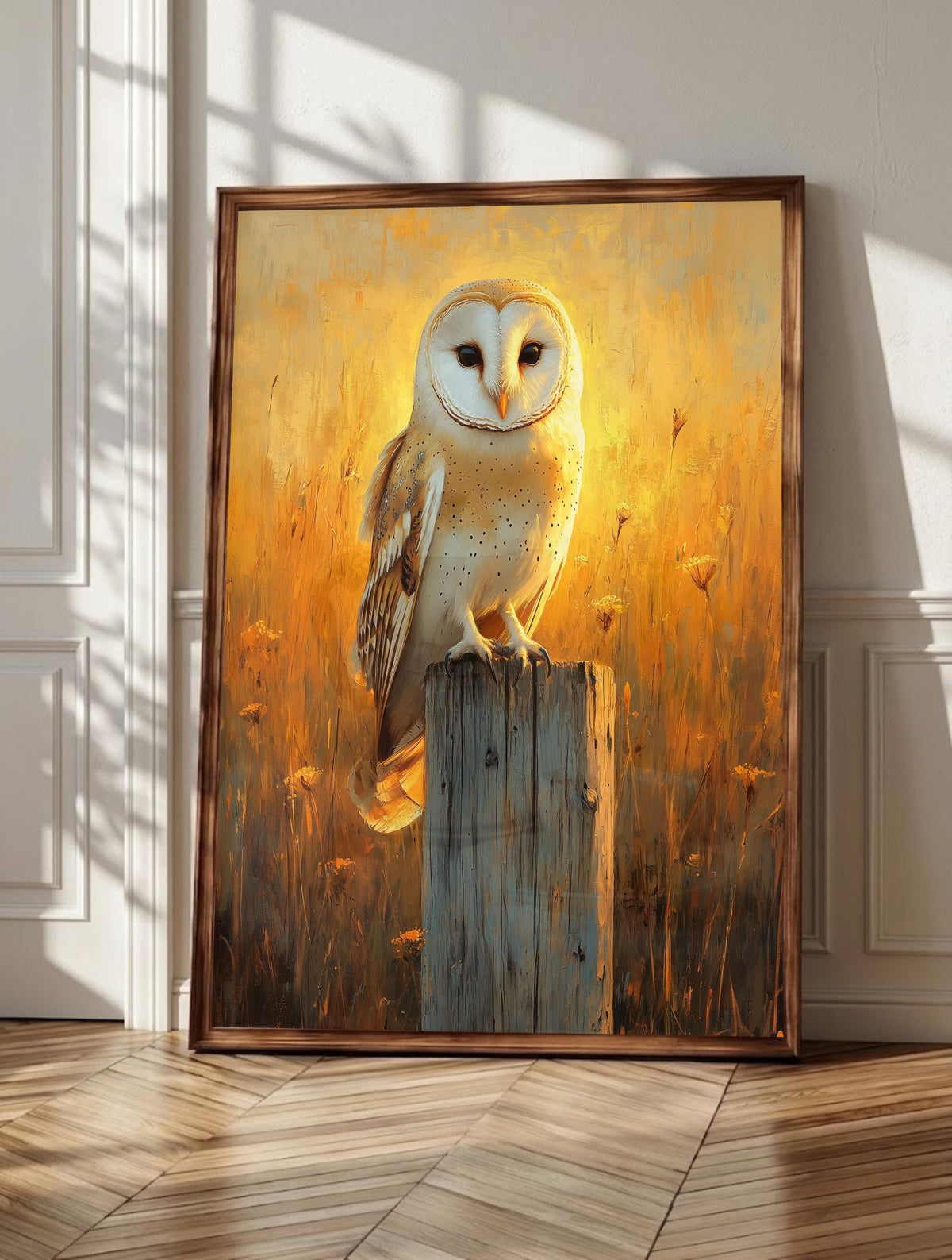 Barn Owl wall art: a barn owl perched on a weathered wooden fence post, framed canvas print