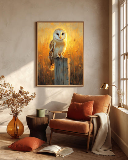 Barn Owl framed canvas art in a solid wood frame, ready to hang