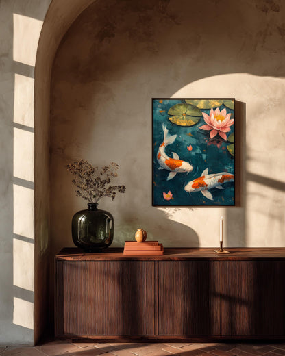 Koi Fish Wall Art — painterly canvas art, hand-framed in solid wood
