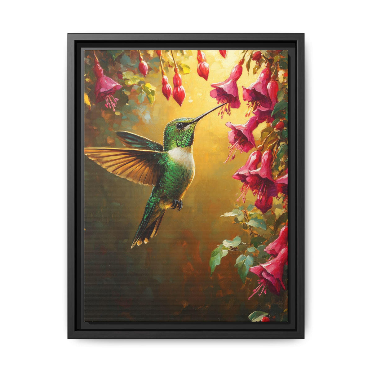 Hummingbird Wall Art — painterly canvas art, hand-framed in solid wood