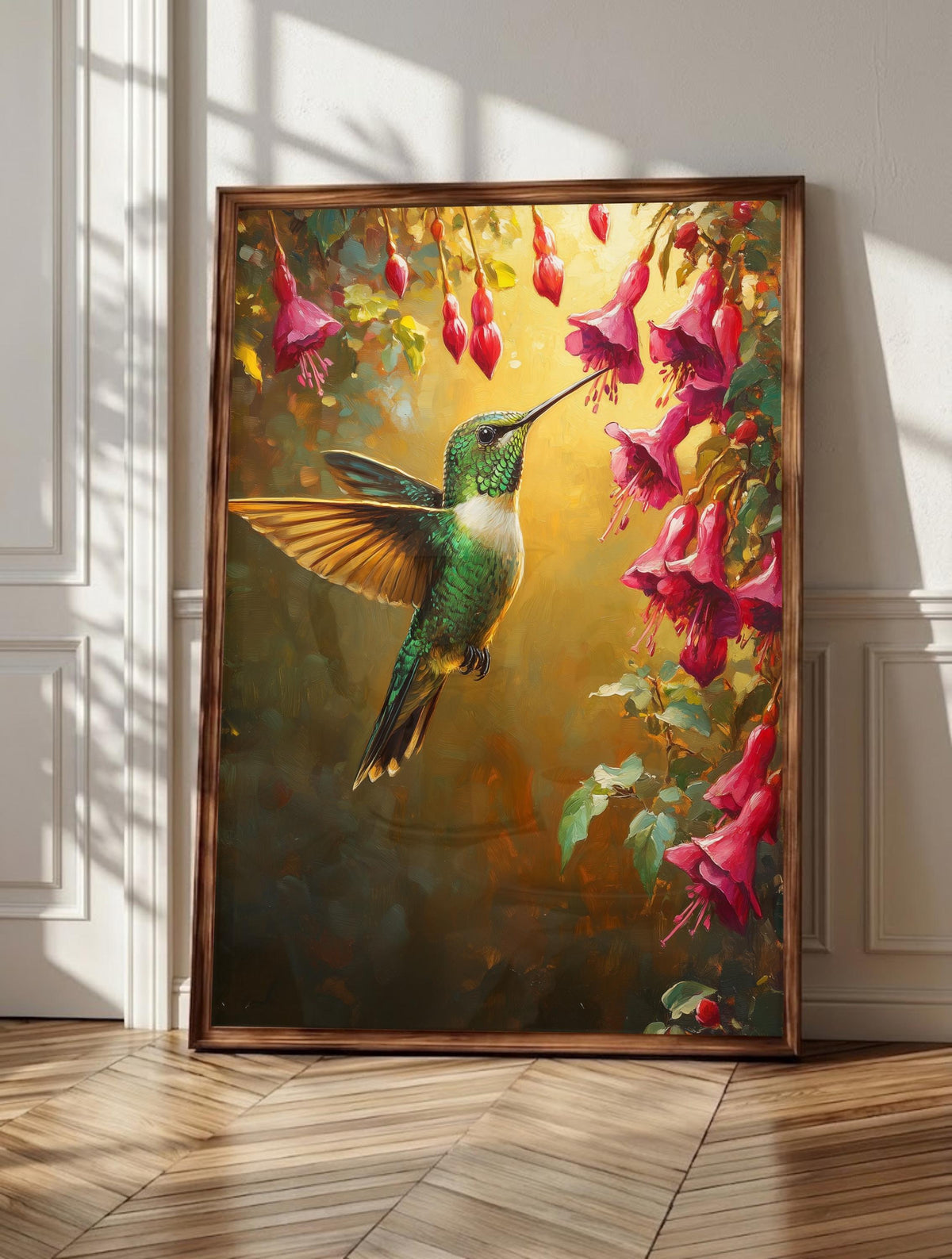 Hummingbird wall art: a vivid emerald hummingbird in flight beside blooming fuchsia flowers, framed canvas print