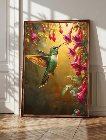 Hummingbird wall art: a vivid emerald hummingbird in flight beside blooming fuchsia flowers, framed canvas print
