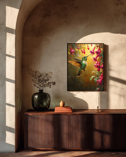 Hummingbird Wall Art — painterly canvas art, hand-framed in solid wood